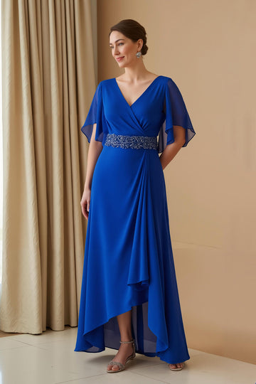 Szyfonowy rękaw z trzepotaniem Dekolt w szpic Linia Royal Blue Wedding Guest Dress z koralikami